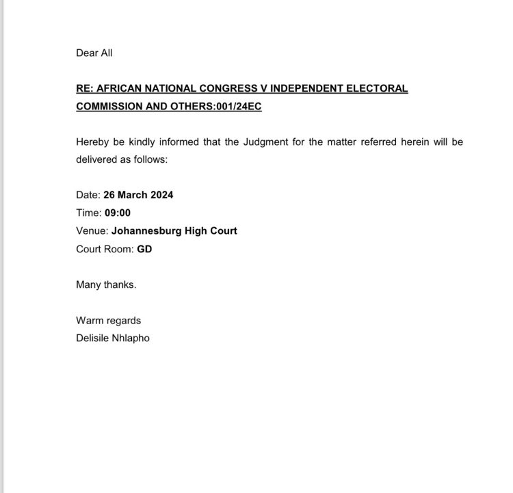 The Judgment in the ANC v. IEC and MK Case Before the Electoral Court has Been Postponed